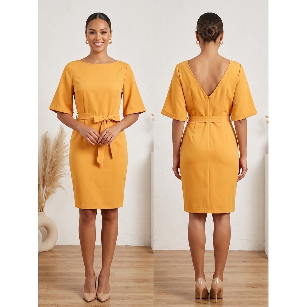 Zalora Collection Mustard Orange V-Back Belted Sheath Dress Size L